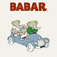 Affiche encadrée Babarou, illustration famille d'éléphants en voiture bleue – vue détourée