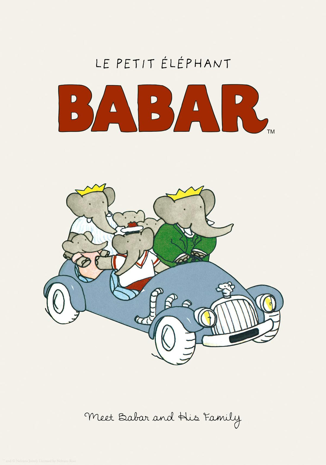 Affiche encadrée Babarou, illustration famille d'éléphants en voiture bleue – vue détourée