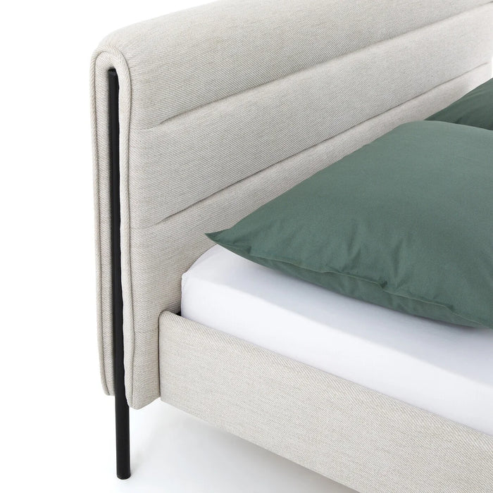 Lit rembourré tissu chiné bois métal Obias