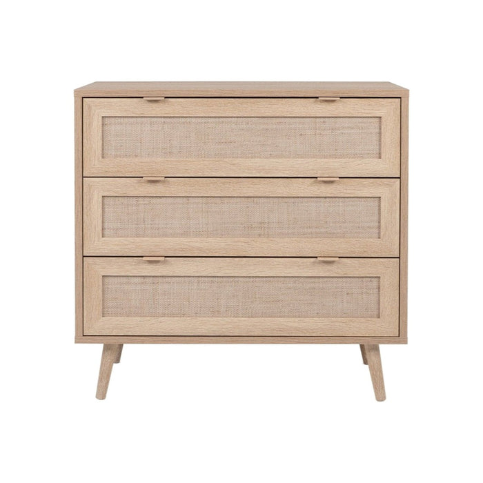 Commode 3 tiroirs Aumale en bois clair avec façades cannées et pieds fuselés, vue de face