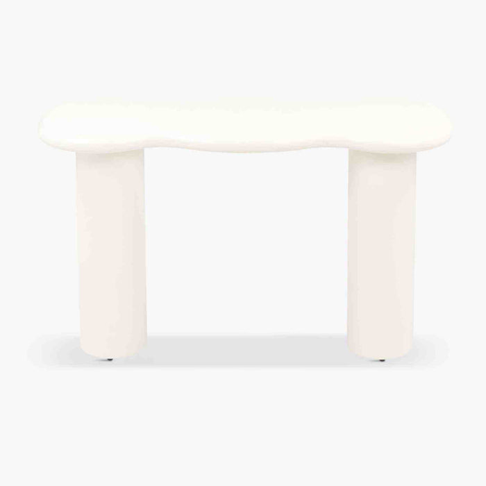 Console Onda blanc crème au plateau ondulé sur deux pieds cylindriques, vue de face sur fond blanc