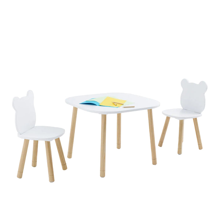 Ensemble table et 2 chaises enfant Niort, bois naturel et blanc – vue détourée