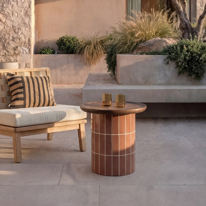 Table d'appoint Georges terracotta effet céramique et plateau chêne – vue détourée