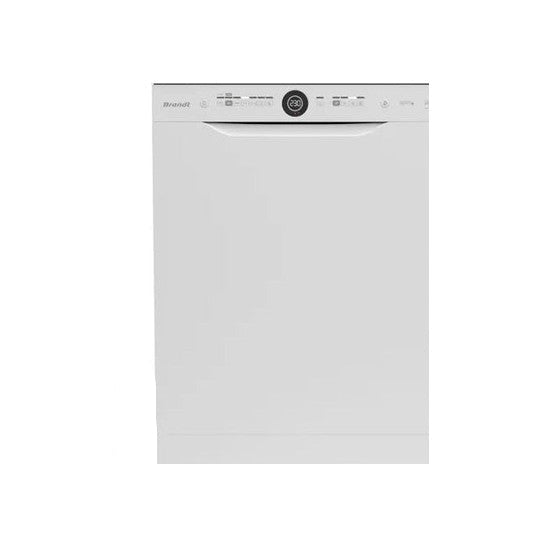 Lave-vaisselle 13 couverts Brandt blanc posable avec bandeau de commande, vu de face sur fond blanc
