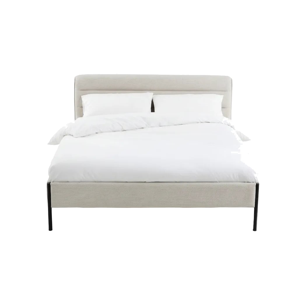 Lit rembourré tissu chiné bois métal Obias