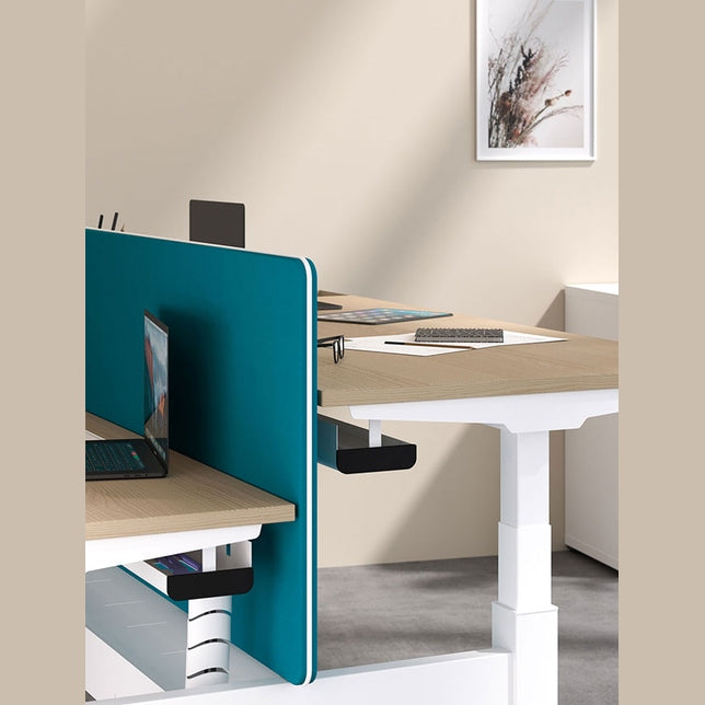 Bureau assis-debout Mobility – poste double avec écran bleu canard