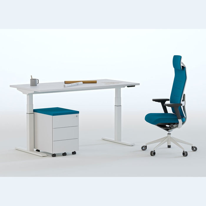Bureau assis-debout Mobility blanc – vue détourée avec caisson et siège