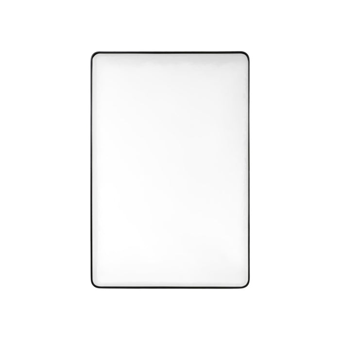 Miroir Silence rectangulaire à coins arrondis avec fin contour en métal noir, sur fond blanc