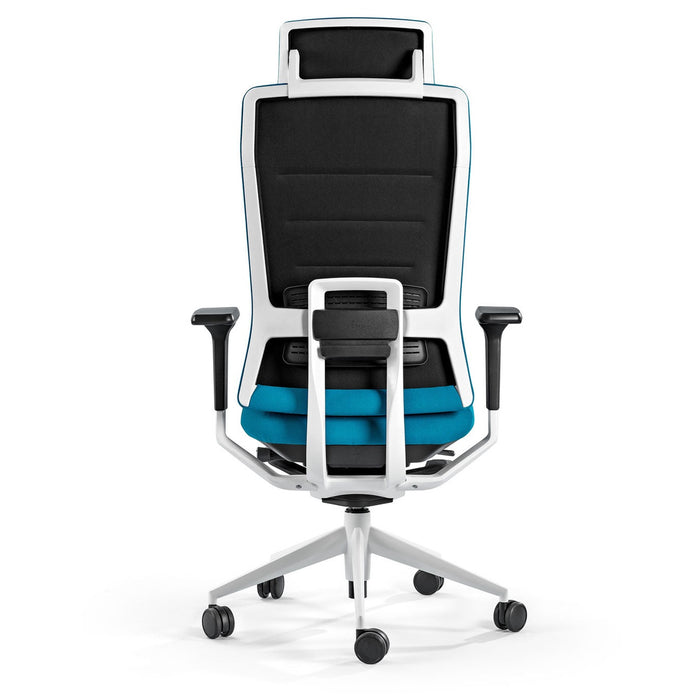 Siège de bureau TNK Flex bleu cadre blanc – vue de dos détourée